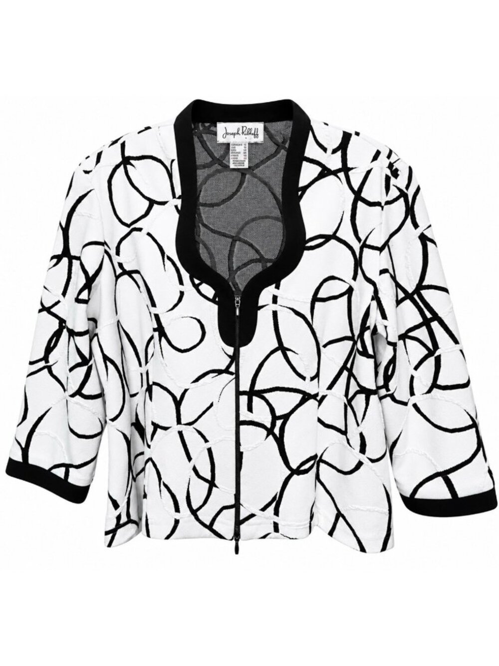 Joseph Ribkoff Jacket Womens Size 16 White Black Abstract 3/4 Sleeve Full Zip